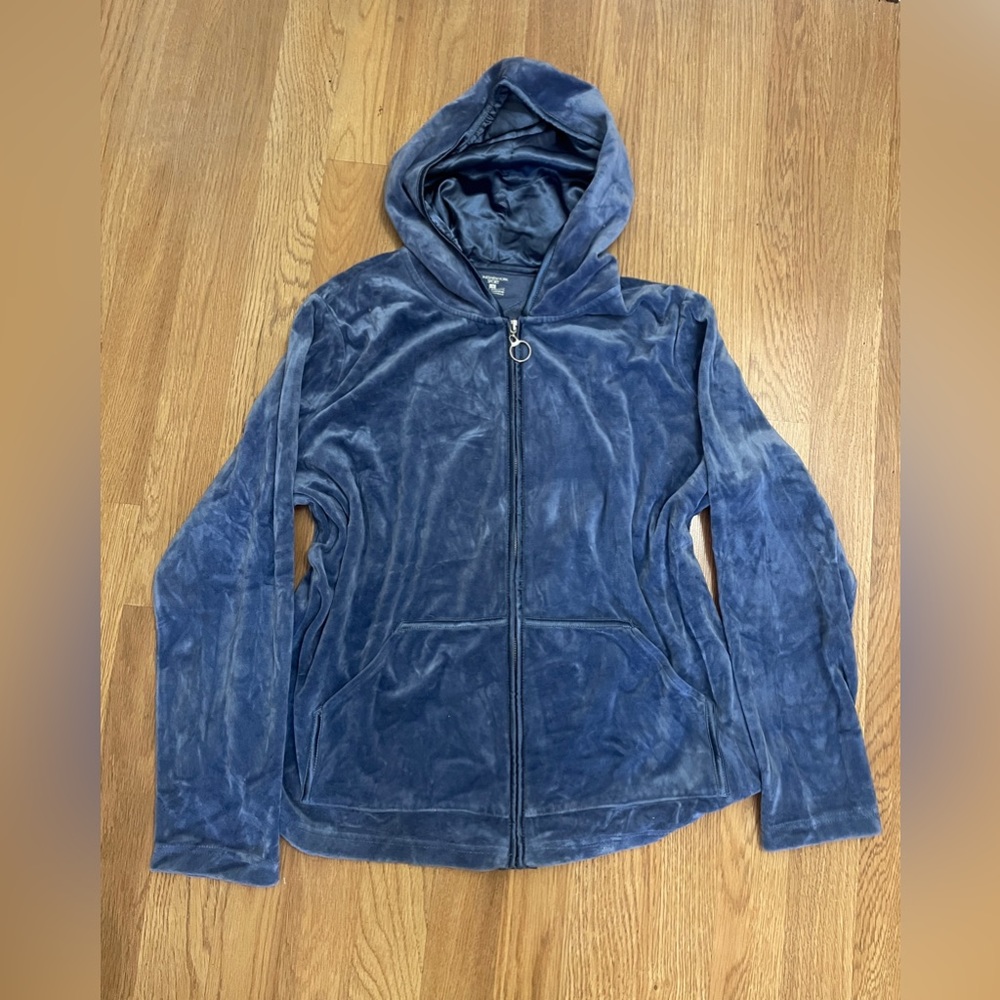 Jones New York Sport Blue Velvet Zip Up Jacket Silk Hood Lining Size Extra Large
